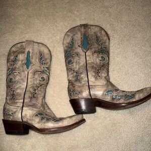 Lucchese Brown and Teal Embroidered Heeled Boots